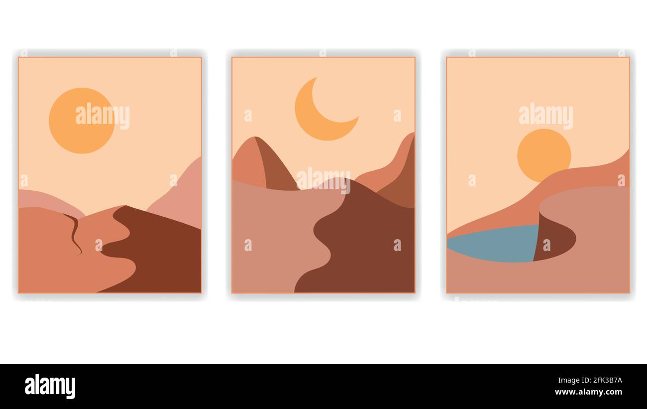 Insieme di sfondi astratti paesaggio di montagna, mare o lago, cielo, sole o luna Illustrazione Vettoriale