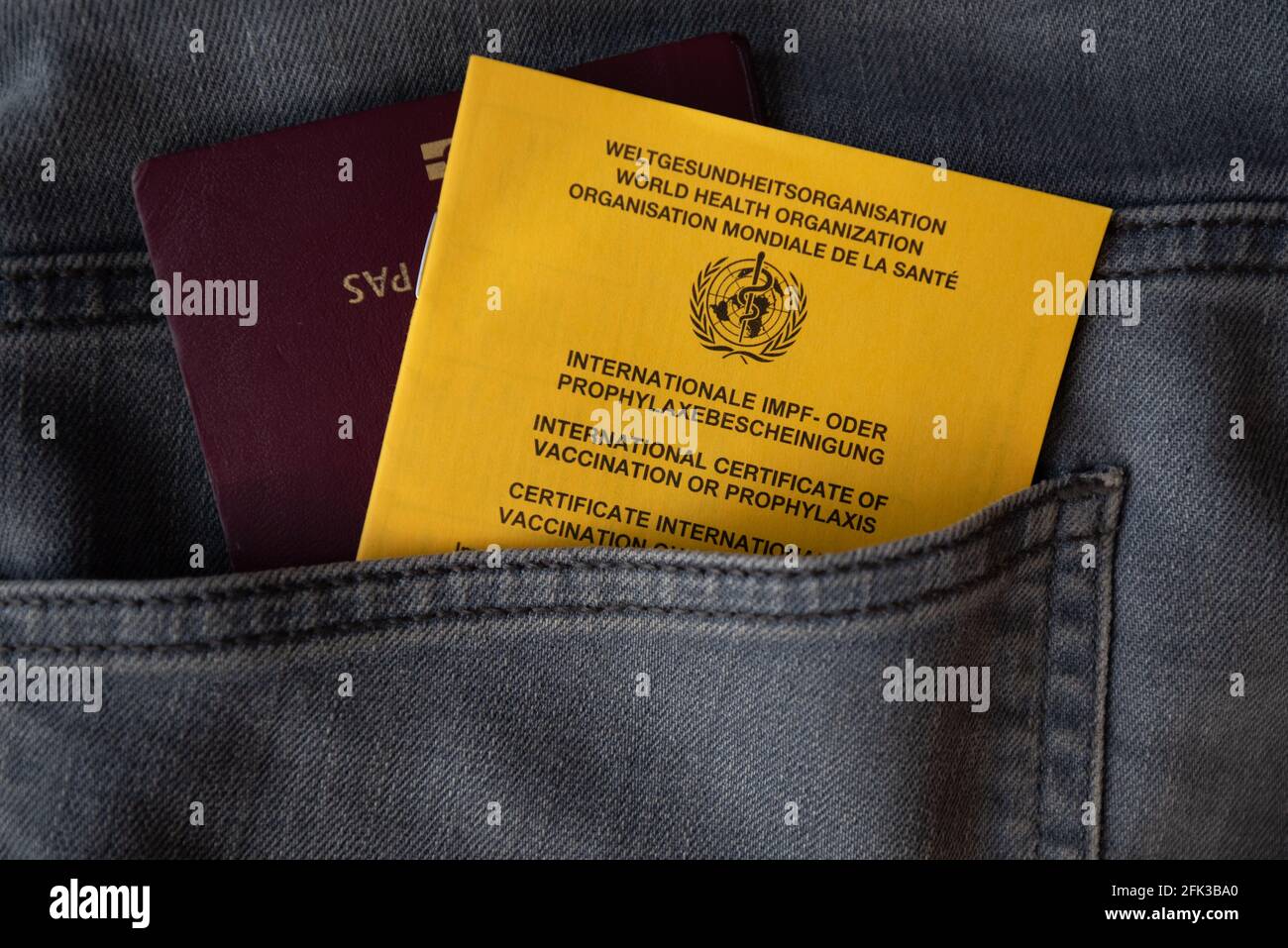 Certificato di vaccinazione e passaporto conservati in una tasca per la preparazione di viaggi internazionali Foto Stock