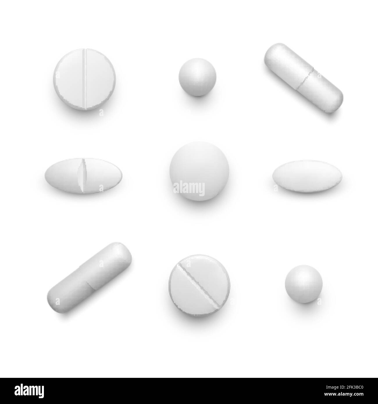 Pillole realistiche. Set di capsule di farmaco bianche. Farmacia e medicina. Compresse di antibiotici o vitamine vista dall'alto. Illustrazione vettoriale Illustrazione Vettoriale