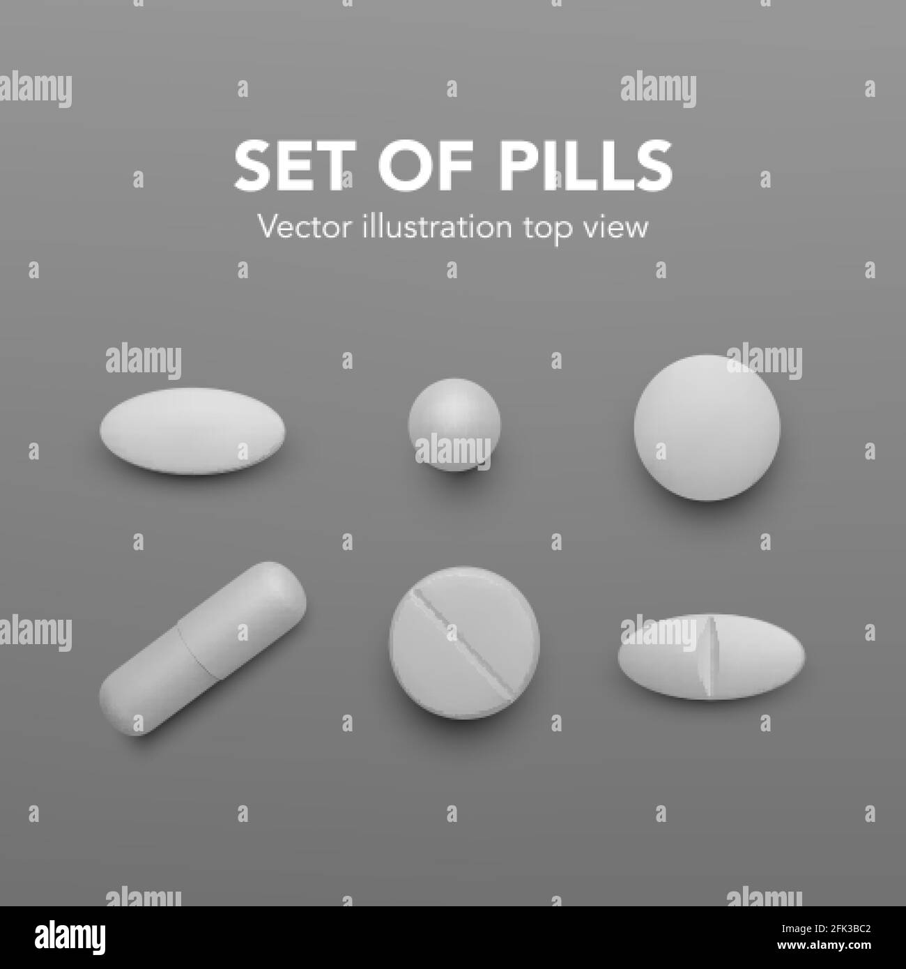 Pillole realistiche. Set di capsule di farmaco bianche. Medicina di farmacia e sanità. Compresse di antibiotici o vitamine vista dall'alto. Illustrazione vettoriale Illustrazione Vettoriale