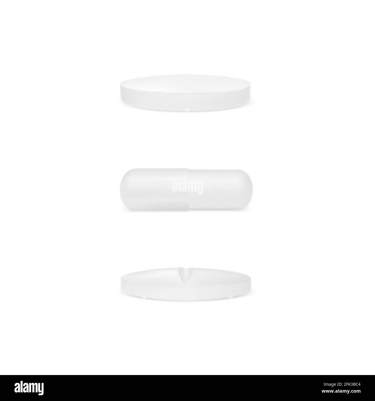 Set di pillole bianche realistiche. 3d rendere farmaci o vitamine. Illustrazione vettoriale isolata su sfondo bianco Illustrazione Vettoriale