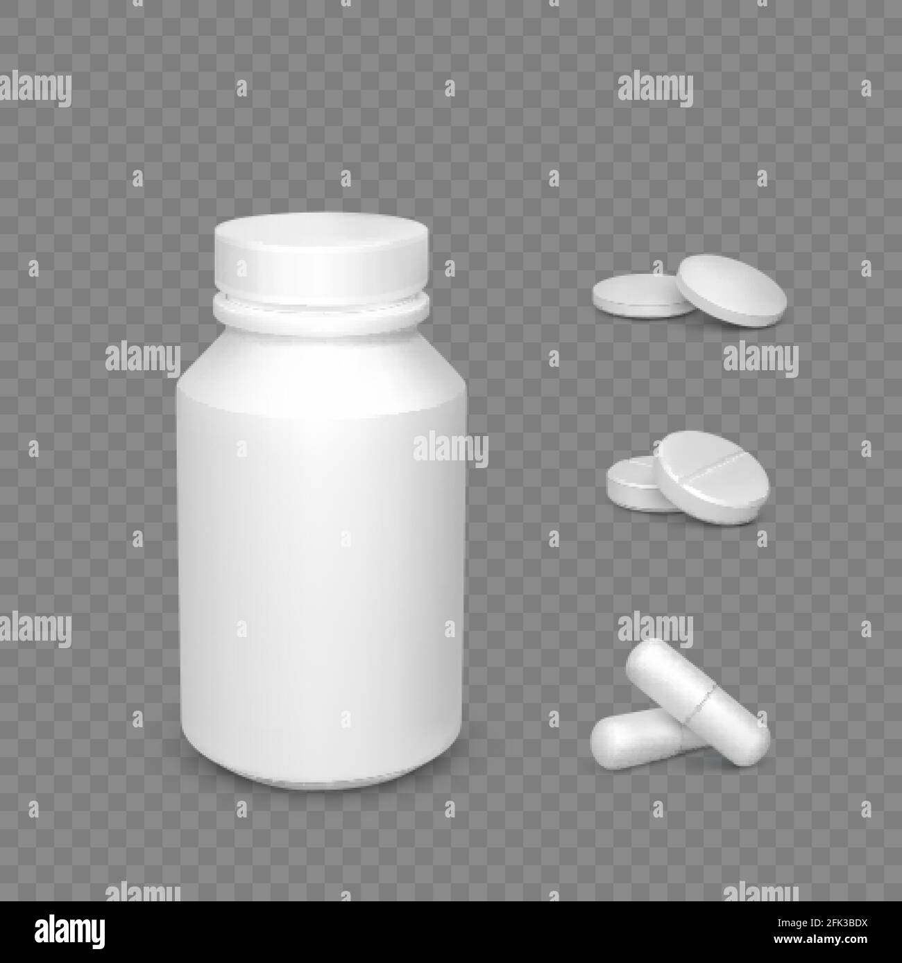 Contenitore realistico con compresse. Capsule e pillole di droga bianche. Oggetto sanitario e medico per banner o poster. Vettore Illustrazione Vettoriale