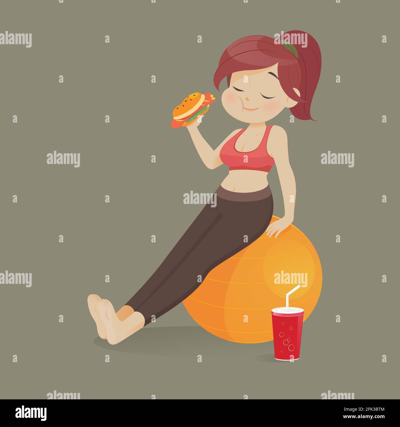 Giovane donna che mangia un pezzo di fast food, le donne si rifiutano di esercitare, illustrazione vettoriale Illustrazione Vettoriale