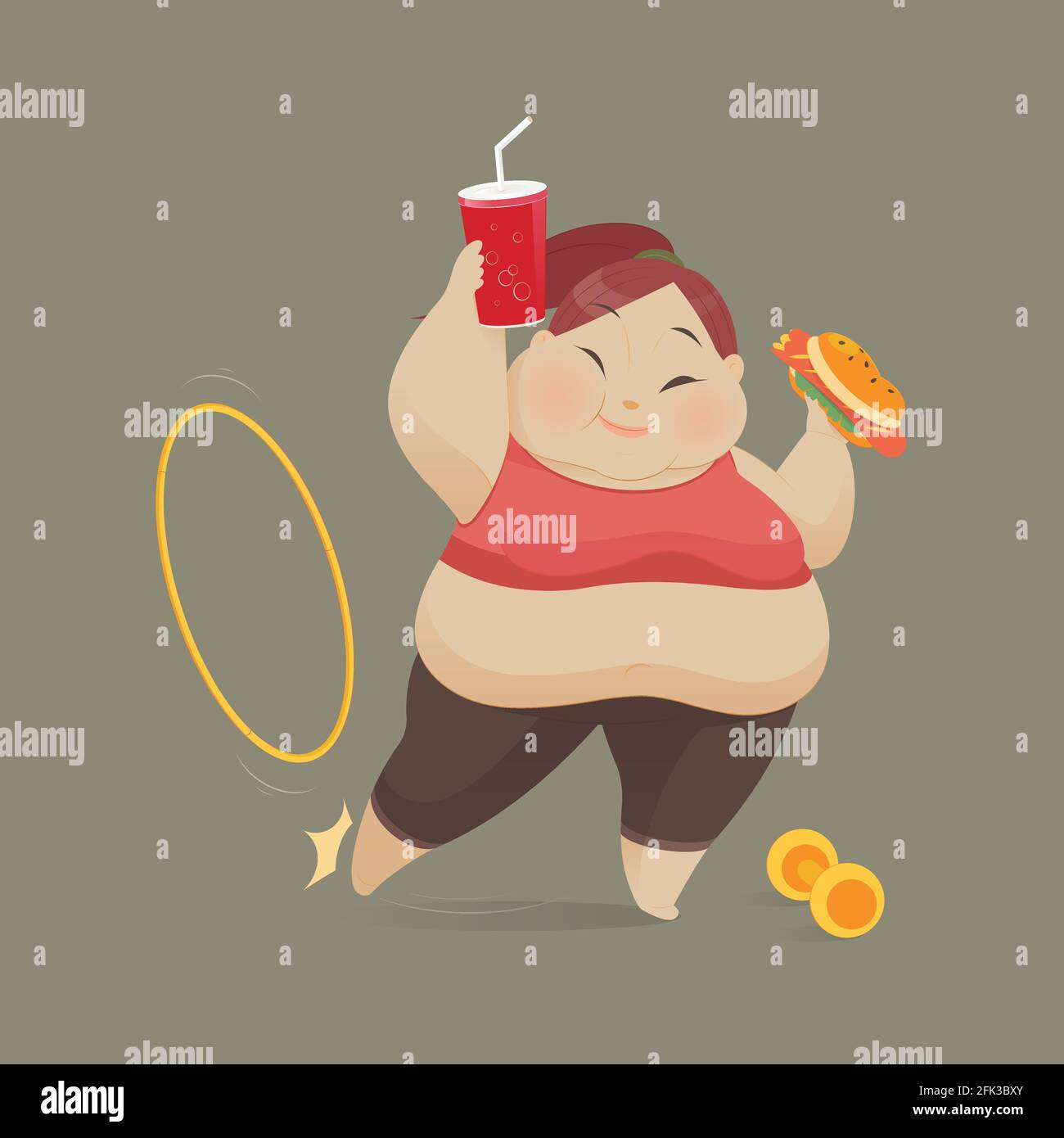 Giovane donna che mangia un pezzo di fast food, le donne si rifiutano di esercitare, illustrazione vettoriale Illustrazione Vettoriale