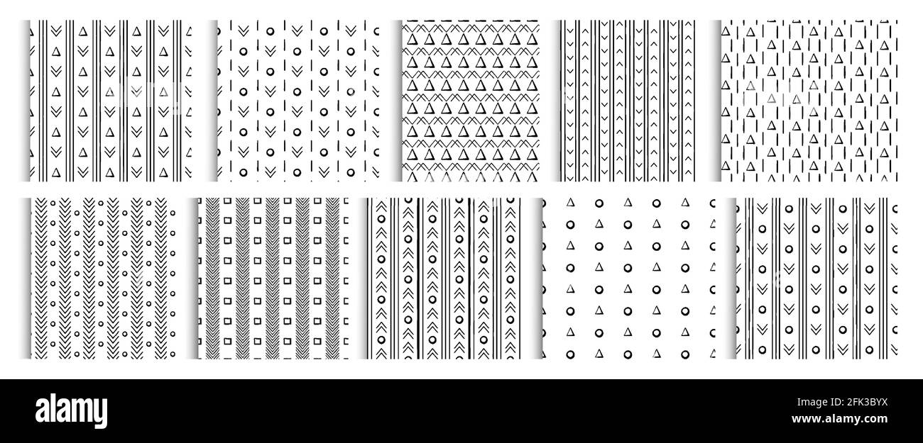Tratti senza cuciture Set di motivi fatti a mano. 20 motivi vettoriali in bianco nero per carta da imballaggio, tessuto e tessuto Illustrazione Vettoriale