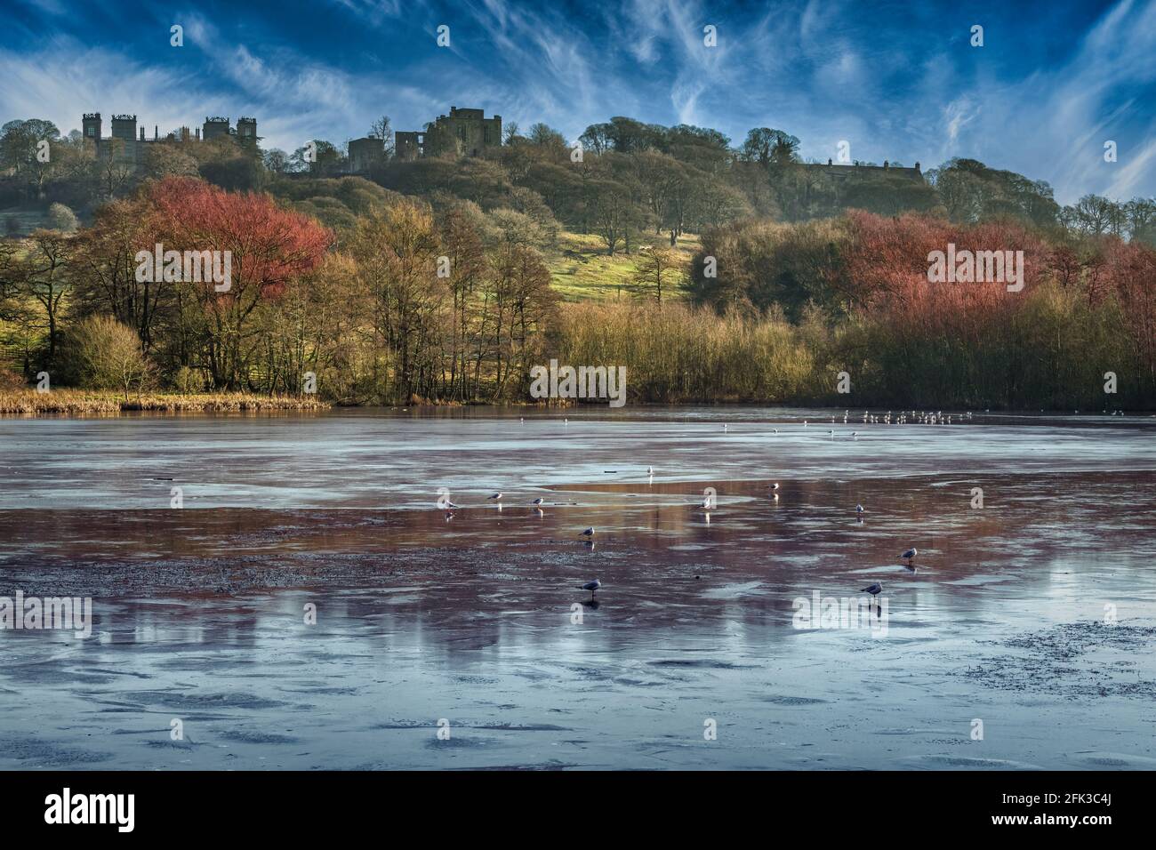 Il Grande Stagno coperto di ghiaccio, a Hardwick Hall Estate in Derbyshire. Foto Stock