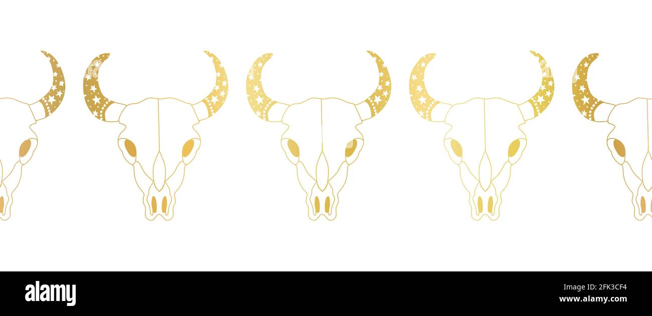 Bue cranio oro foglio senza giunture bordo vettoriale. Teschi di mucca che ripetono la linea di motivo orizzontale art metallizzato dorato texture. Uso per decorazione Boho, carte Illustrazione Vettoriale