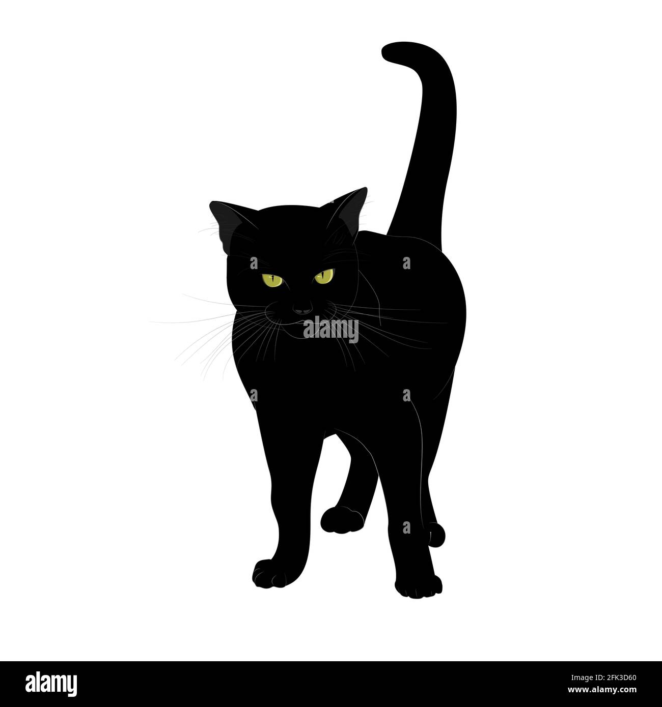 Un gatto nero con un aspetto serio e occhi gialli si alza con la coda sollevata. Isolato su sfondo bianco. Illustrazione vettoriale in stile cartoon. Illustrazione Vettoriale