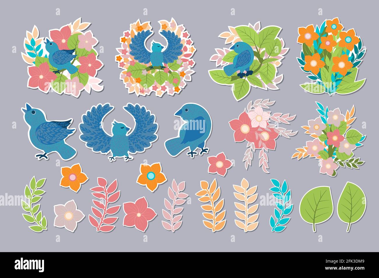 Un set di colorati adesivi primaverili con simpatici uccelli, ramoscelli, fiori e bouquet su sfondo bianco. Una collezione di icone, adesivi ed elem di design Illustrazione Vettoriale