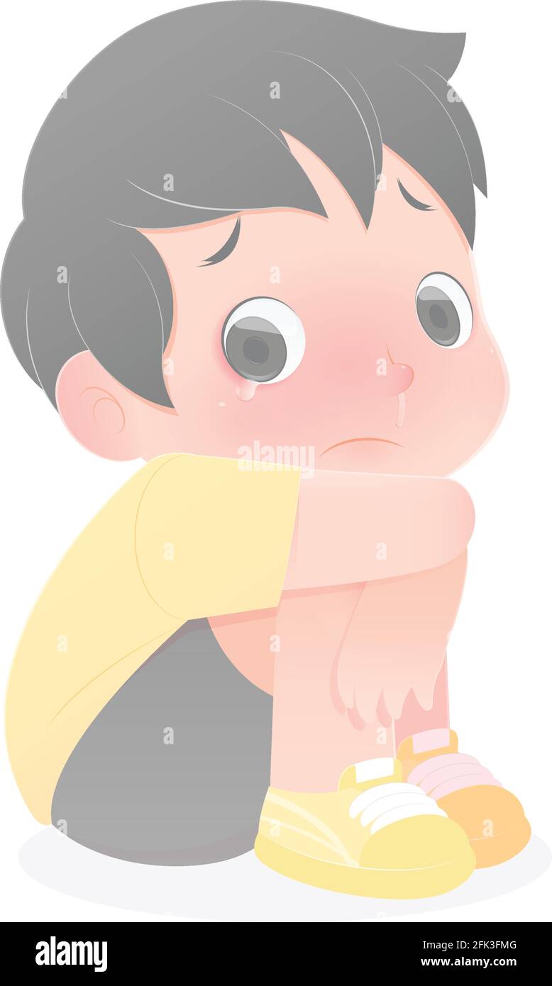 Illustrazione boy shirt in depressione seduto sul pavimento e guardando verso il basso, triste bambino contro uno sfondo bianco, Kid abbraccio il suo ginocchio e grido Illustrazione Vettoriale