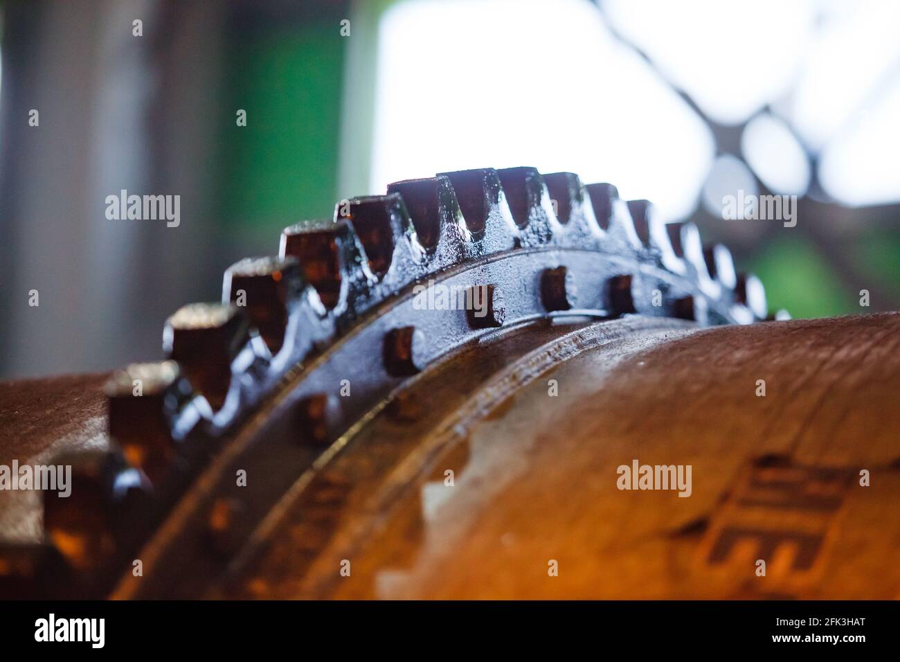Primo piano dei denti degli ingranaggi del mulino a sfere (tritatutto per ravvivare). Concentrazione di minerale d'oro (raffinazione) nell'officina di impianti di estrazione e lavorazione. Foto Stock