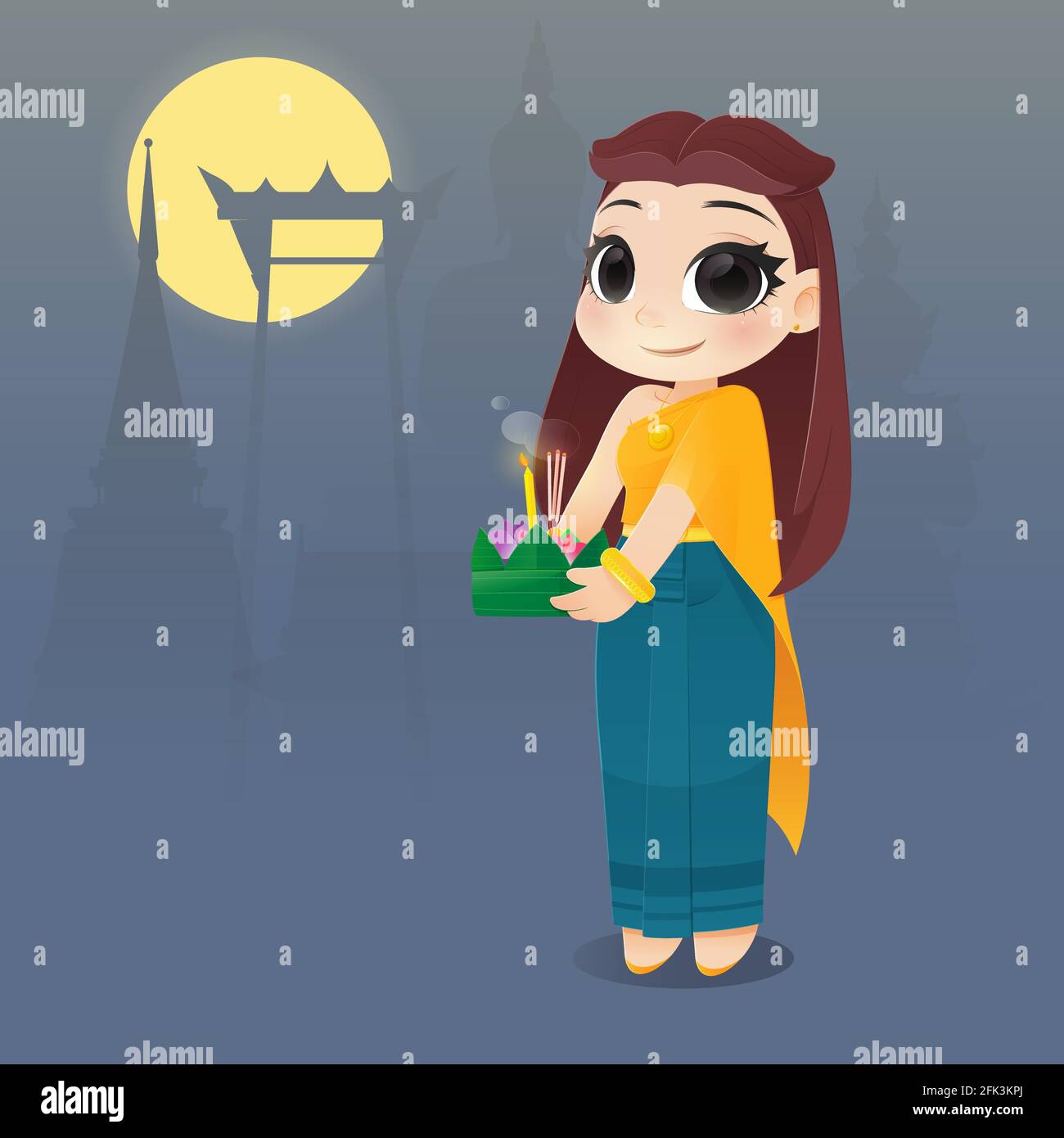 Cartoon donna con Loy Krathong Festival, Cultura in Thailandia, illustrazione della thailandia luna piena festa tradizionale Illustrazione Vettoriale