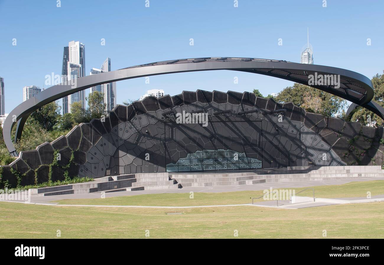 Palco all'aperto e area di intrattenimento a HOSA (sede delle Arti), Gold Coast City, Queensland, Australia. Aperto a novembre 2017 Foto Stock