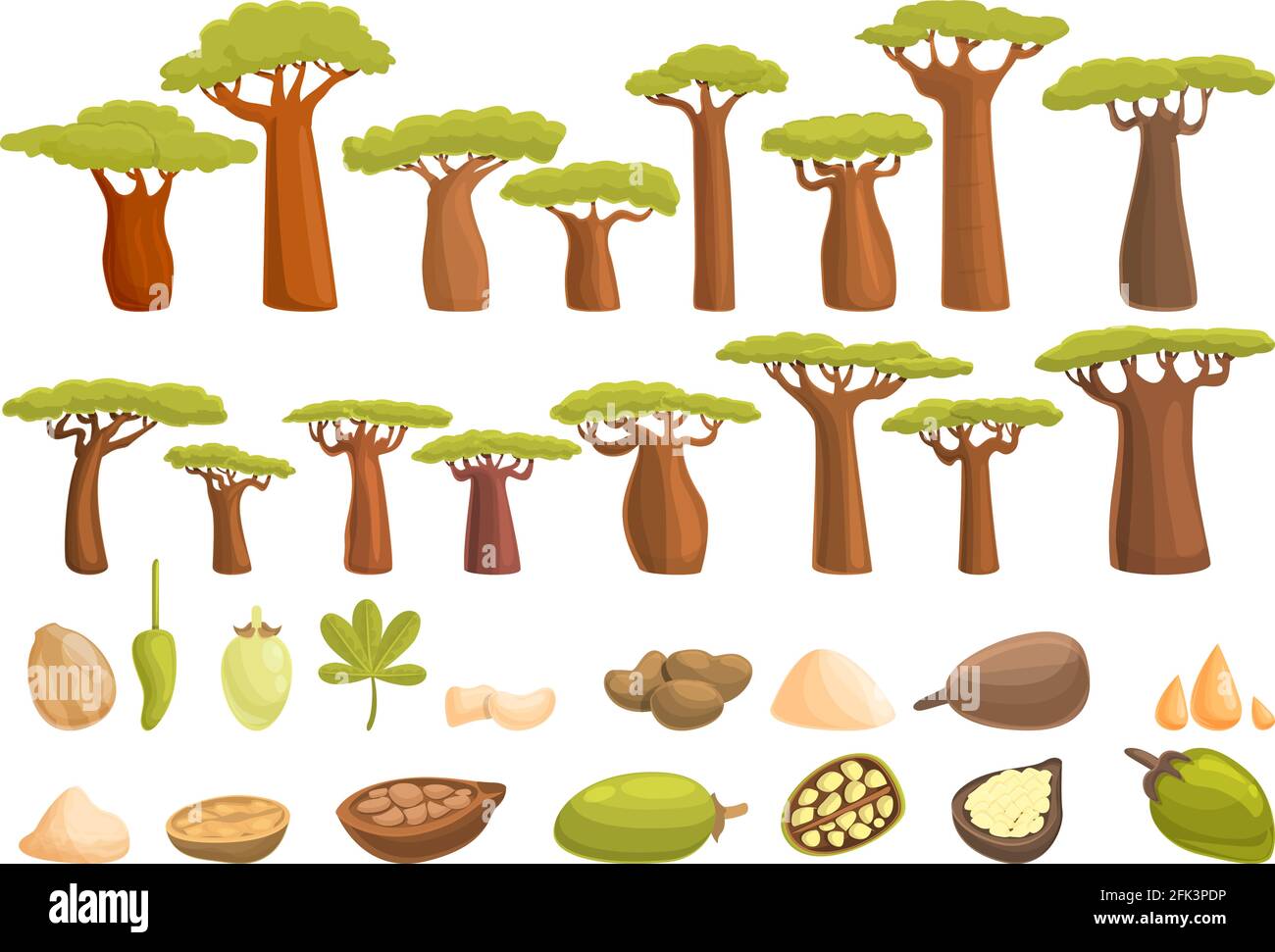 Set di icone Baobab. Set di cartoni animati di icone vettoriali baobab per il web design Illustrazione Vettoriale
