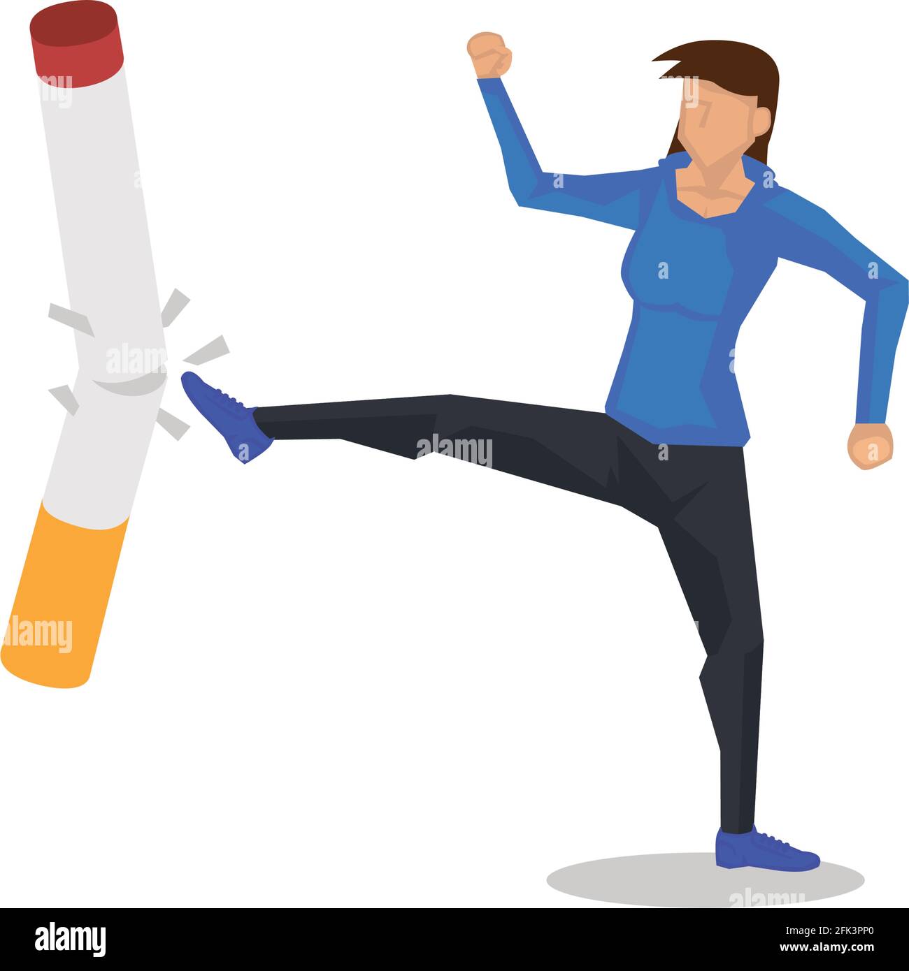 La donna calcia la sigaretta. Concetto di smettere di fumare o di dipendenza da tabacco. Illustrazione vettoriale. Illustrazione Vettoriale