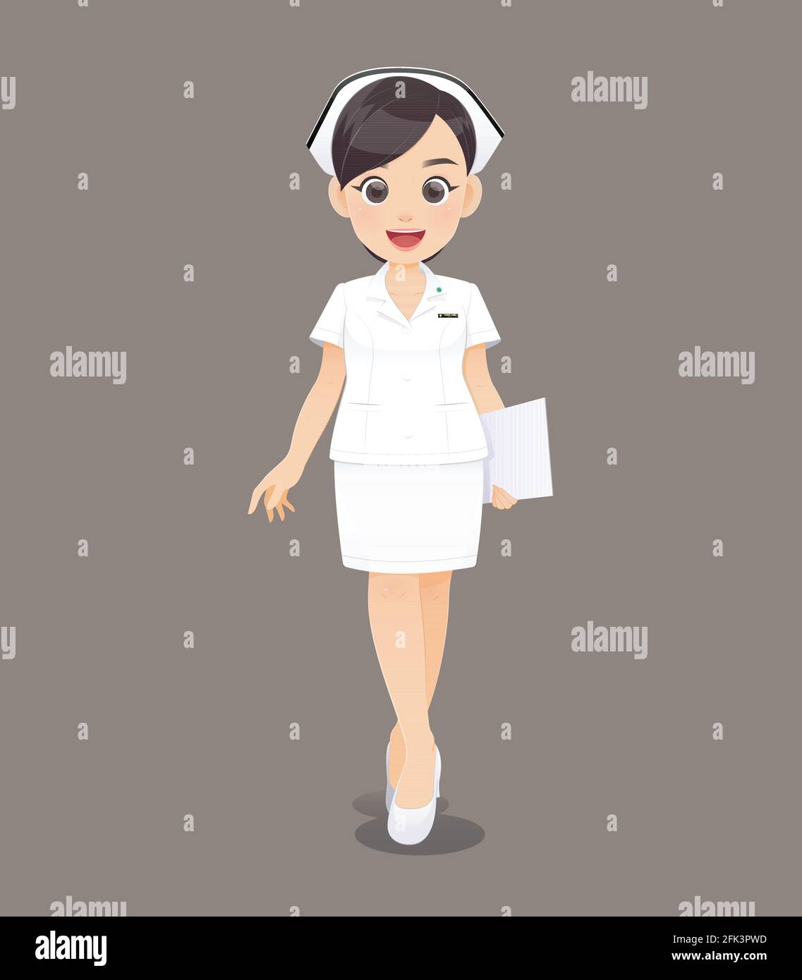 Cartoon donna medico o infermiere in uniforme bianca tenendo una clipboard, sorridente personale infermieristico femminile, illustrazione Vector in disegno di carattere Illustrazione Vettoriale