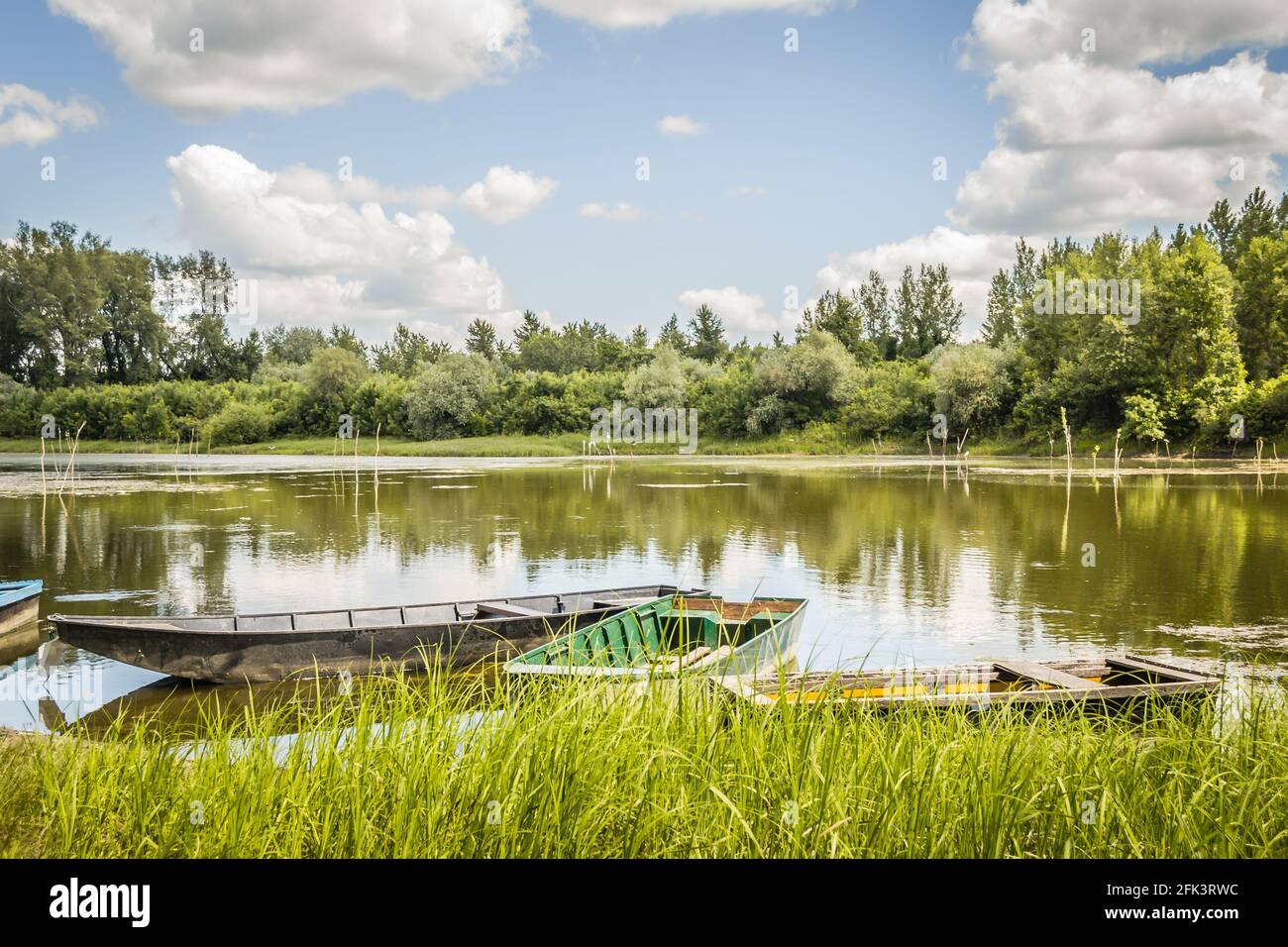 Barca di legno ormeggiata sulla riva del lago, Foto Stock