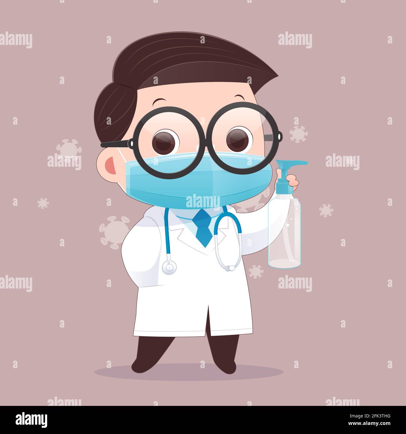 Il medico indossa una maschera medica e porta gel di alcol per lavare le mani. Disegno grafico vettoriale a caratteri piatti. Illustrazione Vettoriale