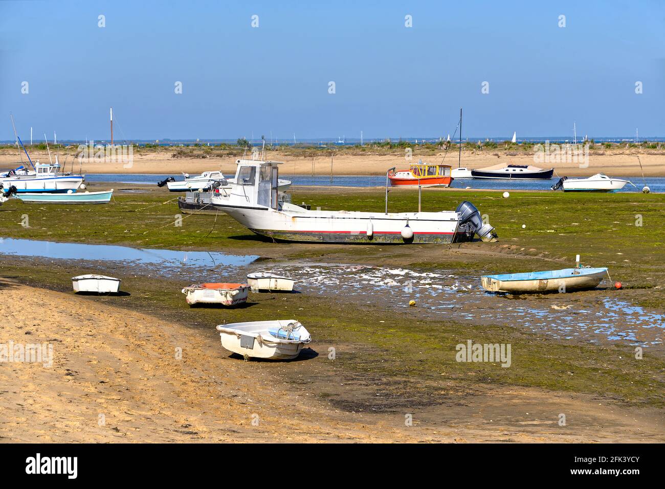 Barche a bassa marea a Cap-Ferret, ostreicole comune situato sulla riva della baia di Arcachon, nel dipartimento della Gironda nella Francia sud-occidentale. Foto Stock