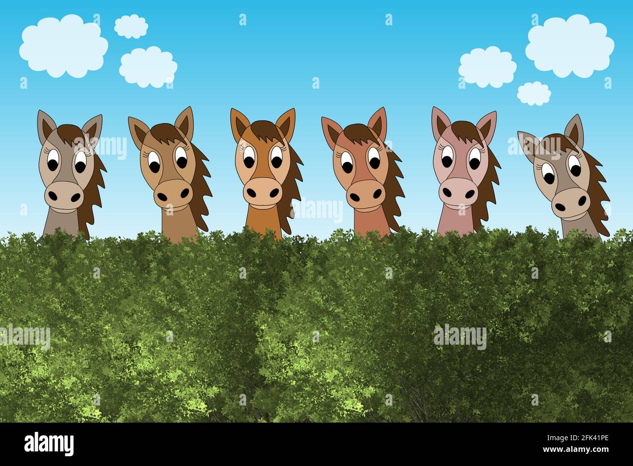 Un'illustrazione di una fila di graziosi cavalli fumetti che guardano su una siepe verde. Foto Stock