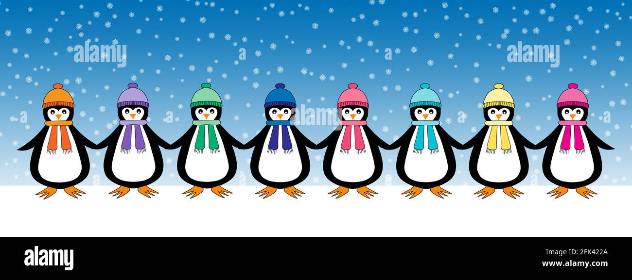 Un bordo di illustrazione dei pinguini carini in piedi in una fila che indossa cappelli e sciarpe in colori diversi con spazio per il testo. Foto Stock