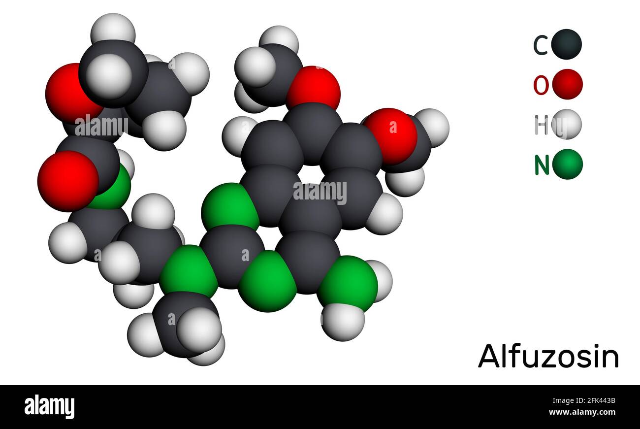 Molecola di Alfuzosina. È un agente antineoplastico, un agente antipertensivo, un antagonista alfa-adrenergico. Modello molecolare. Rendering 3D. Illustrazione Foto Stock