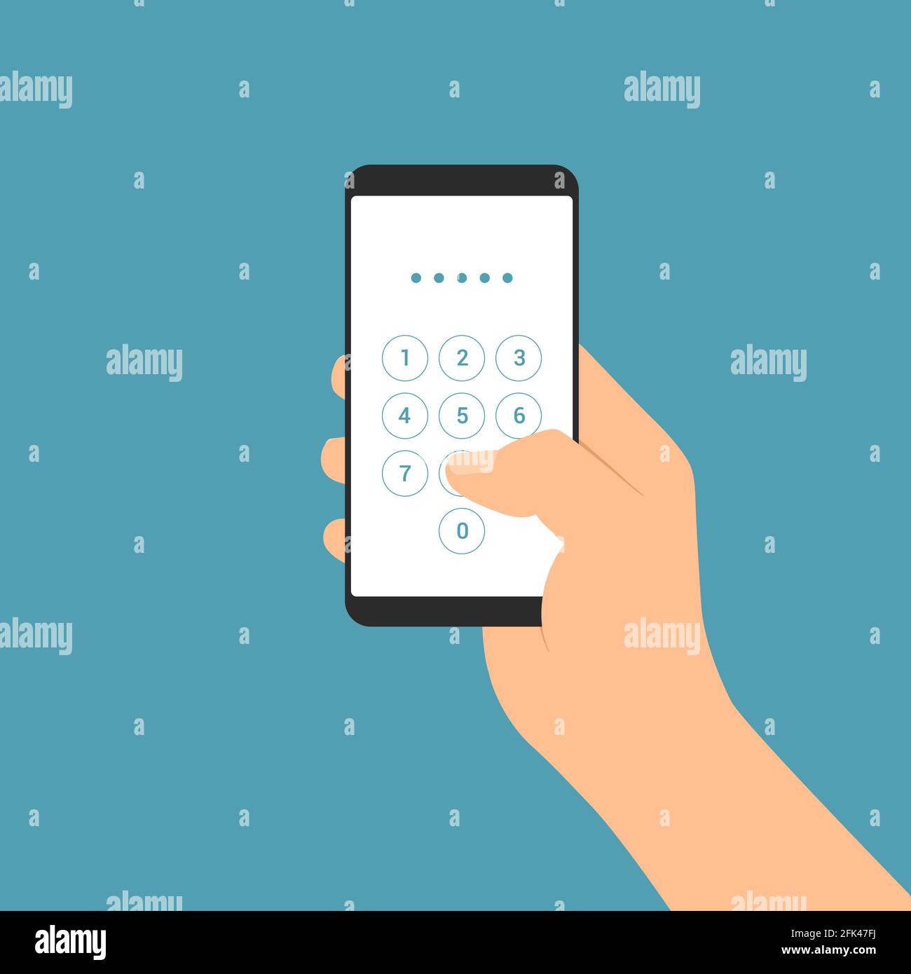 Disegno piatto illustrazione del telefono mobile di presa della mano maschio. Consente di immettere il codice PIN sul tastierino numerico del touchscreen - vettore Illustrazione Vettoriale