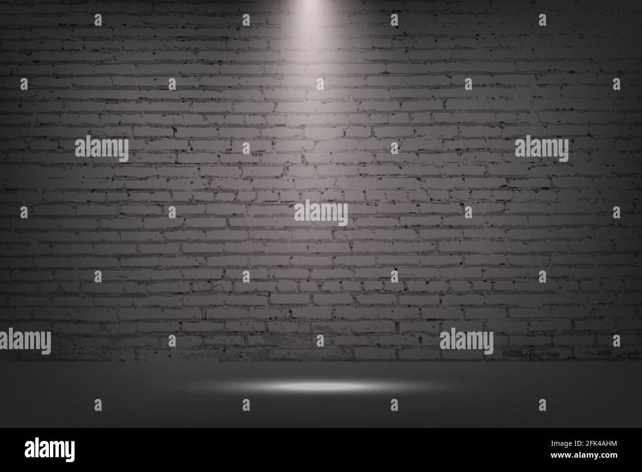 Parete grigia in mattoni con faretto, sfondo in pietra. Luce da lampada su struttura di cemento illustrazione vettoriale. Lampione o palco per lo spettacolo in mostra Illustrazione Vettoriale
