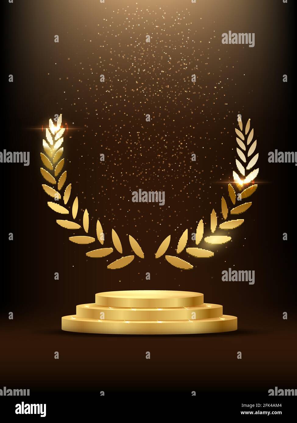 Podio d'oro con alloro incandescente. Palco in oro con glitter e nebbia chiara su sfondo scuro. La fama di Hollywood nel cinema e nel cinema o nel campionato in spor Illustrazione Vettoriale