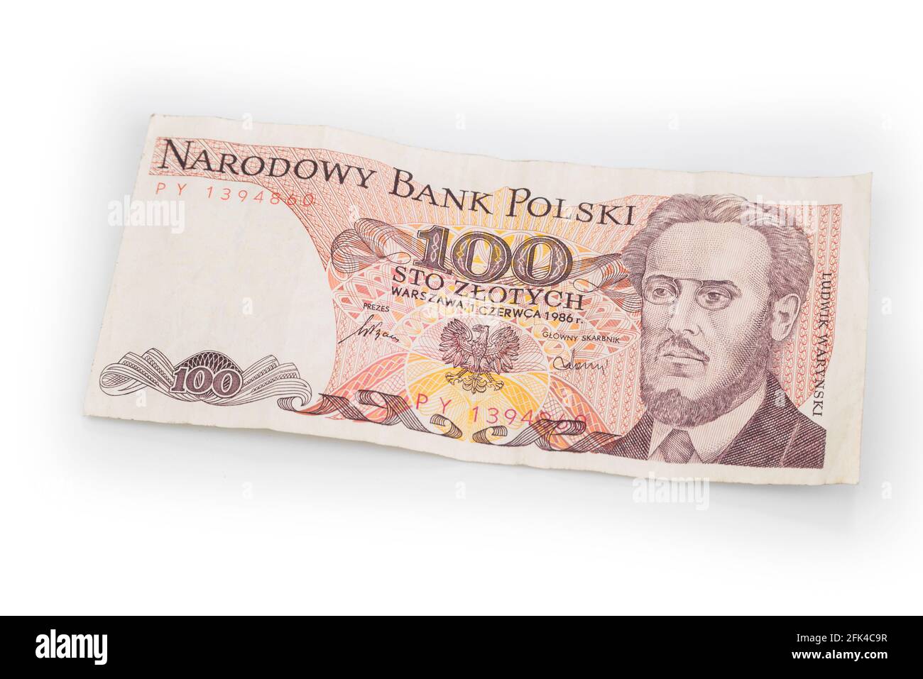 Vecchia polacca cento zloty nota dall'era comunista su a. sfondo bianco Foto Stock