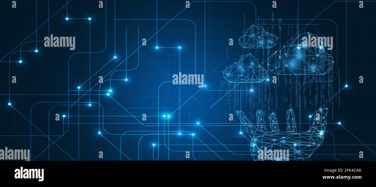 Concetto di tecnologia di cloud computing. Wireframe Hand Holding nubi astratte digitali con codice binario, Illustrazione 3D Foto Stock