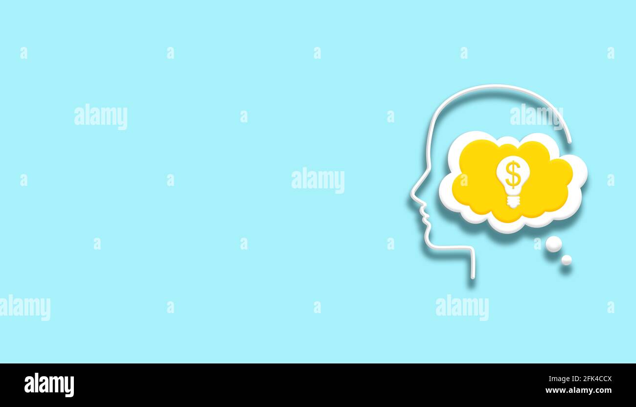 Silhouette uomo - lampadina con simbolo del dollaro icona concetto di business. Testa, fumetto bolla e simbolo del dollaro su sfondo blu con spazio di copia. Foto Stock