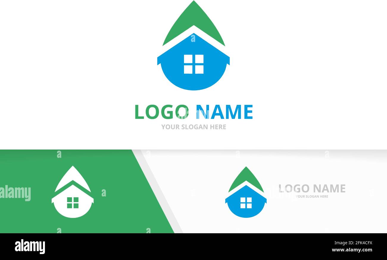 Combinazione di logo per l'acqua e la casa. Modello unico per la progettazione di logotipi di edifici. Illustrazione Vettoriale