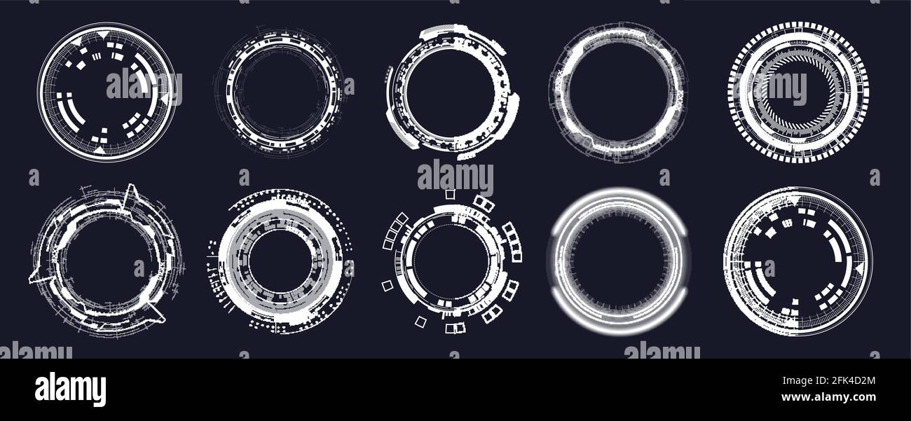 Elementi circolari futuristici. Elementi di messa a fuoco HUD. Design circolare sci-fi. Collezione mirino fotocamera, mirino collimatore militare, bersaglio arma cecchino Illustrazione Vettoriale