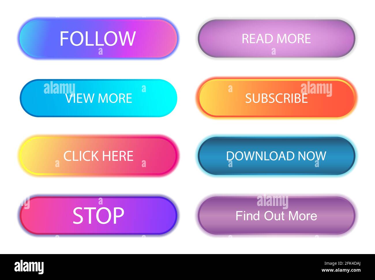 Pulsanti UI, UX e SET di progettazione WEB. Pulsanti di sfumatura alla moda con ombra. Segui, iscriviti, scarica subito, leggi tutto, clicca qui e altri pulsanti dell'interfaccia utente Illustrazione Vettoriale