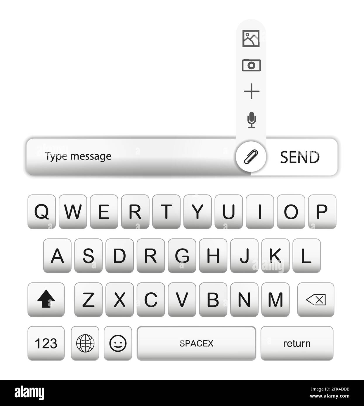 Tastiera UI per telefono cellulare, smartphone. Pulsanti realistici bianchi del telefono cellulare con ombra. Alfabeto, numeri e icone per Messenger. KIT UI UX Illustrazione Vettoriale