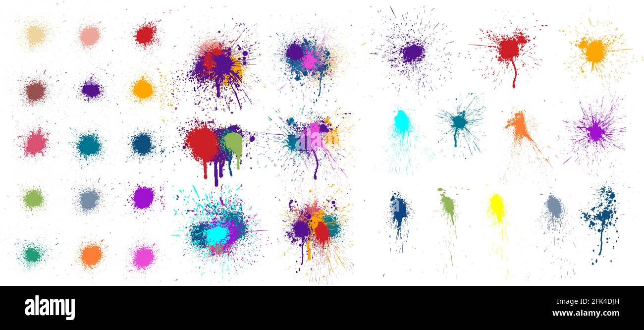 Macchie colorate, gocce di vernice e schizzi isolati su sfondo bianco. Spruzzi di vernice, set di macchie, composizioni di macchie. Spruzzi colorati e gocciolamento Illustrazione Vettoriale