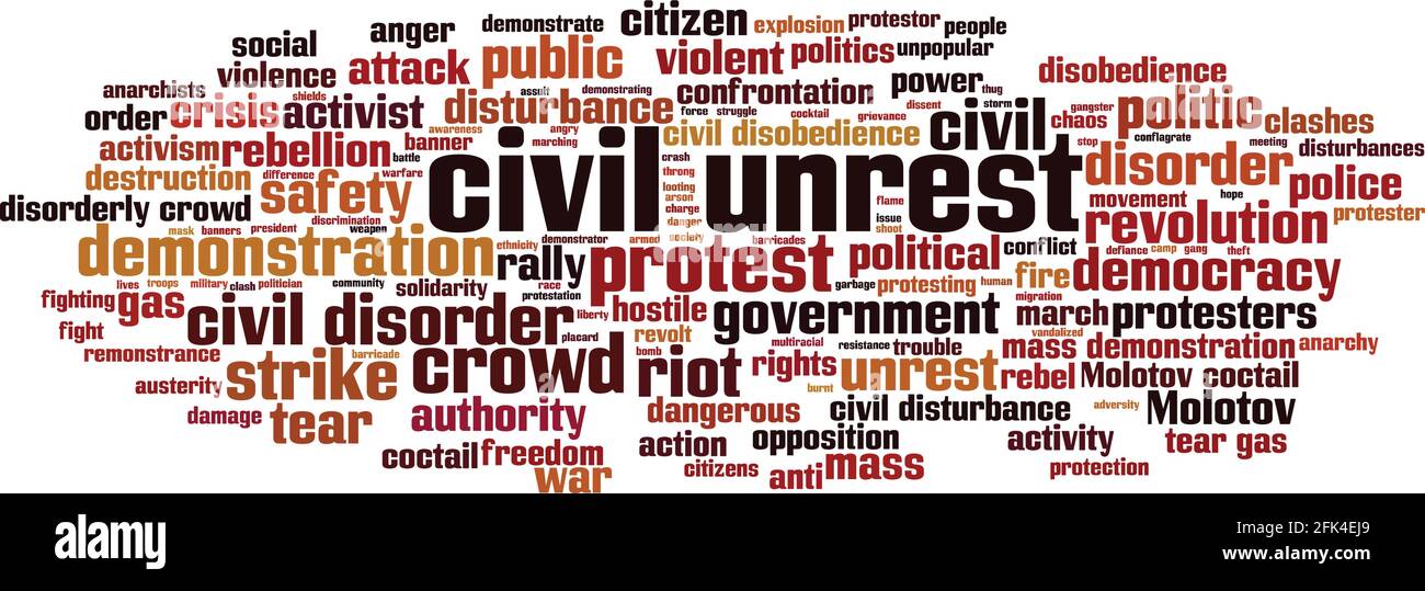 Concetto di cloud di parole di disordini civili. Collage fatto di parole sui disordini civili. Illustrazione vettoriale Illustrazione Vettoriale