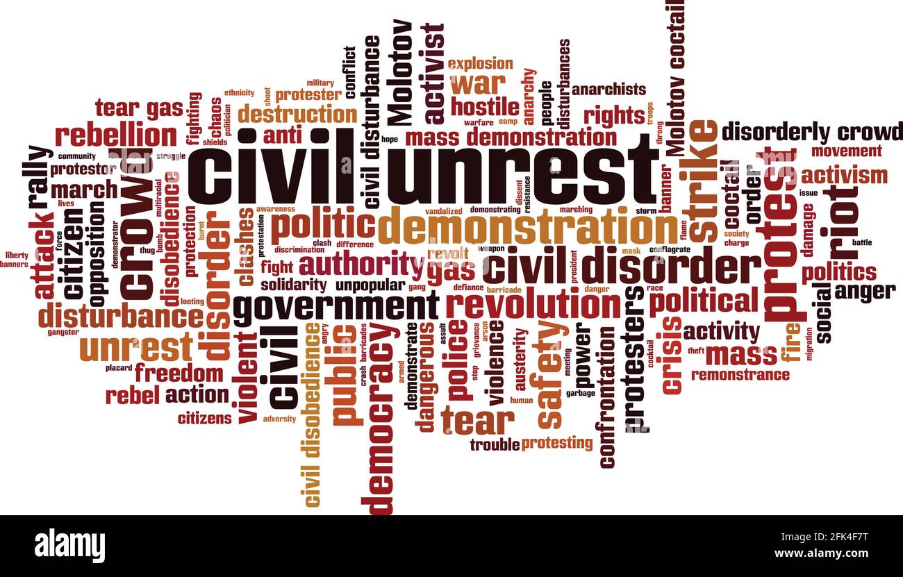 Concetto di cloud di parole di disordini civili. Collage fatto di parole sui disordini civili. Illustrazione vettoriale Illustrazione Vettoriale