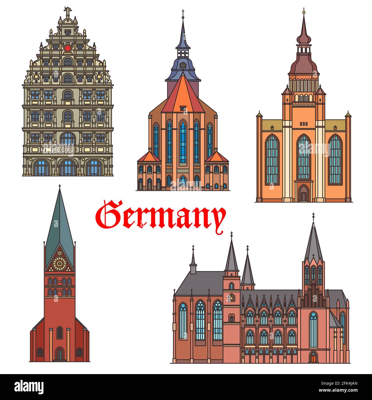 Edifici storici della Germania, architettura gotica, vettore, cattedrali. Chiesa di San Michaelis e Johannis Luneburg, Katharinenkirche a Oppenheim, Gewandh Illustrazione Vettoriale