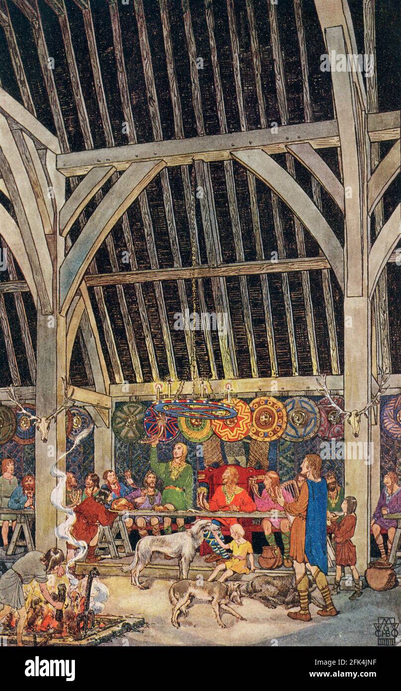 Ricostruzione immaginaria di una sala anglosassone. Da Everday Life in Anglo-Saxon, Viking e Norman Times, pubblicato nel 1926. Foto Stock
