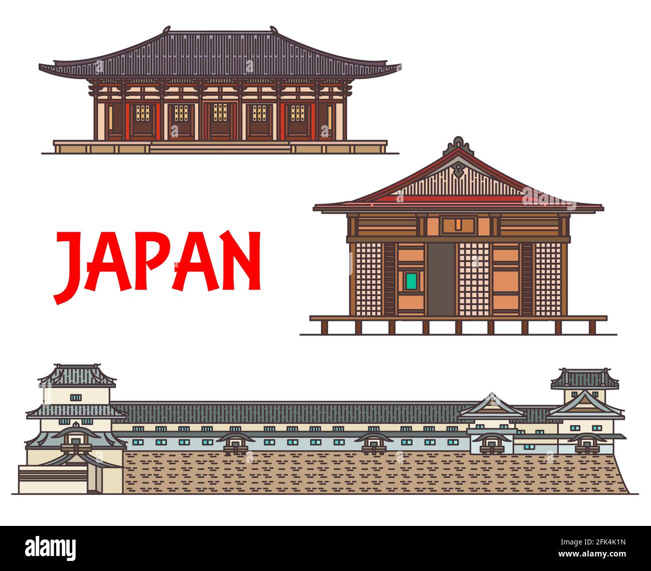 Giappone e Giappone viaggi monumenti storici, edifici tempio e Shinto Buddha architettura, vettore. Famosi santuari giapponesi e pagode Toshodai-ji di Nara, Illustrazione Vettoriale