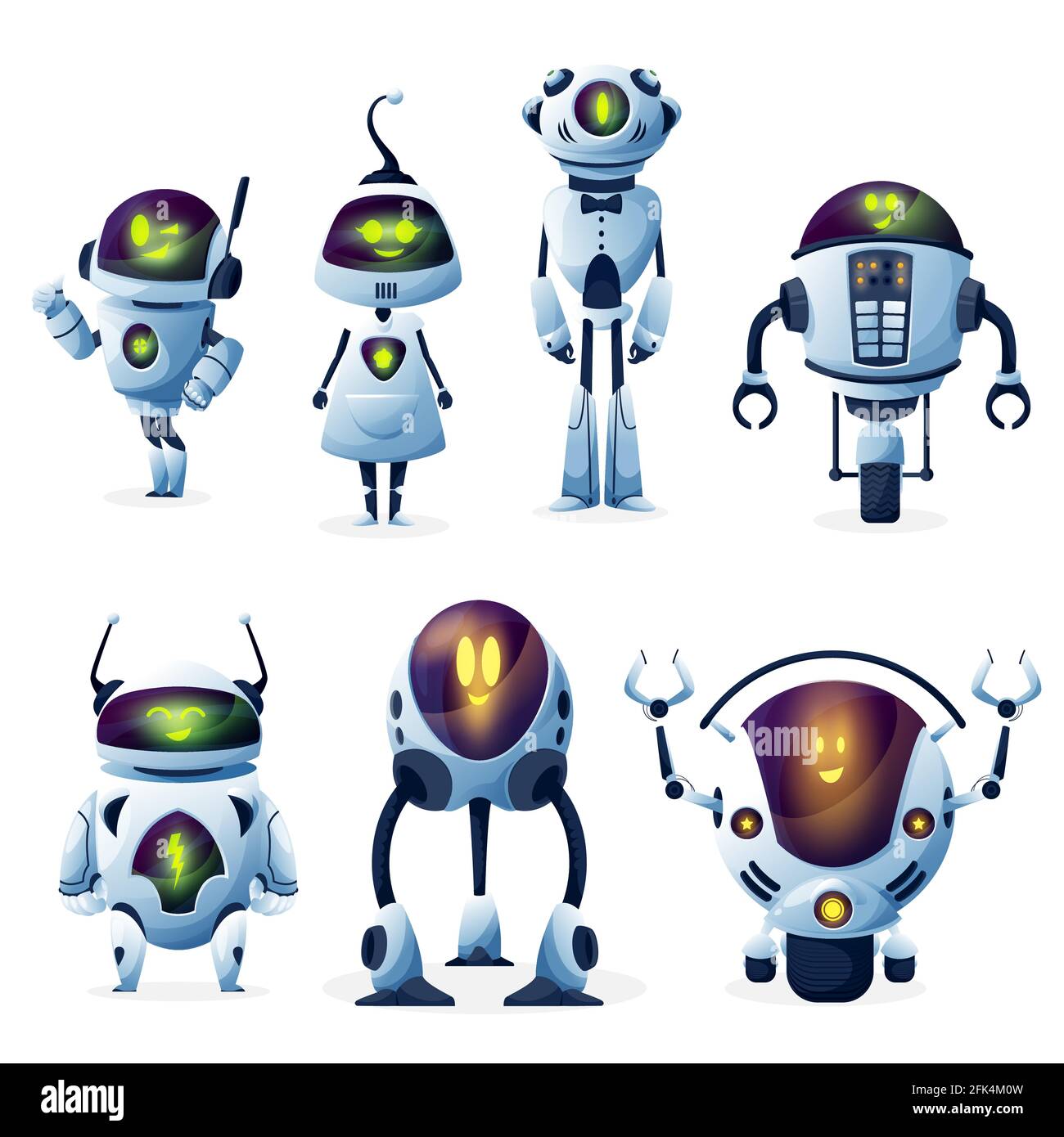 Robot con cartoni animati di intelligenza artificiale con bot vettoriali  femminili e maschili. Cute moderna android donna, cyborg uomini e robot  aiutanti con Immagine e Vettoriale - Alamy