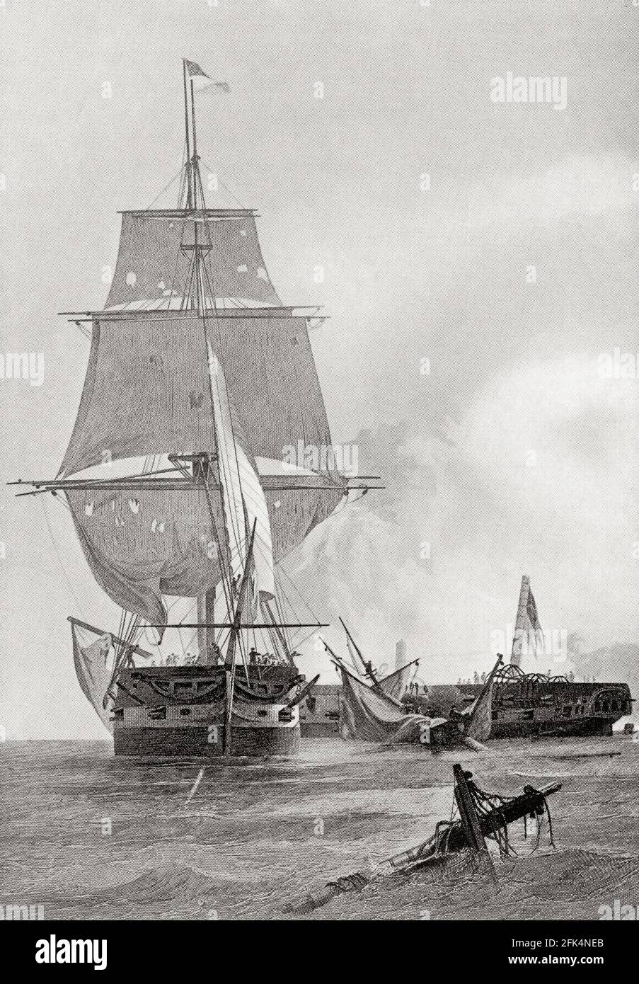 La guerra del 1812. Battaglia navale tra due navi, la costituzione della USS e la HMS Guerriere. Foto Stock