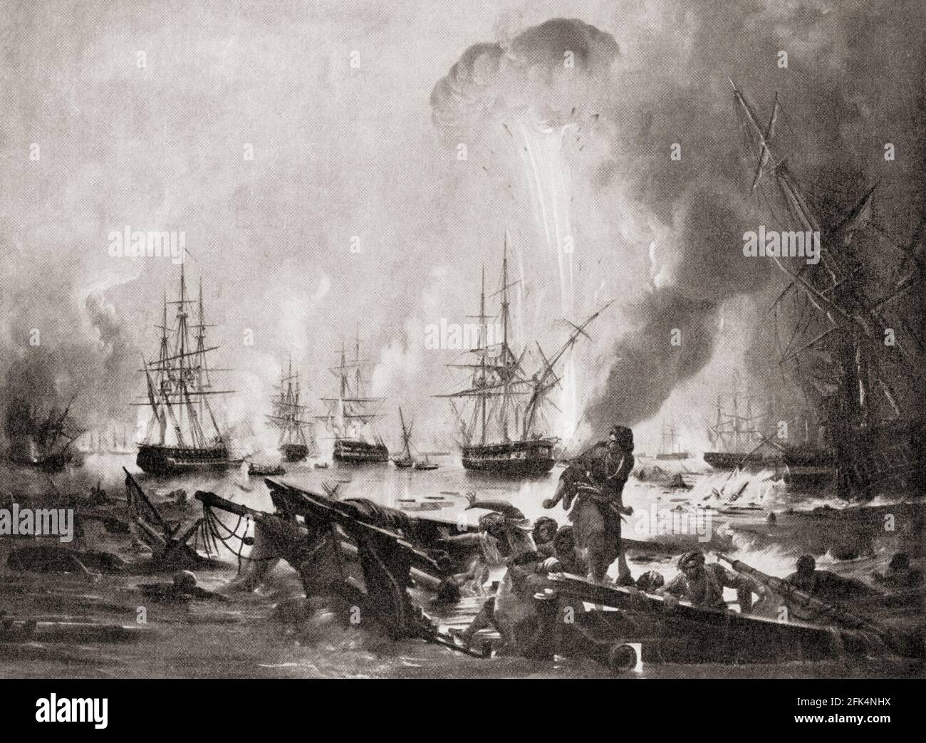 La battaglia di Navarino, 1827 nella baia di Navarino, Grecia tra l'Impero Ottomano e le forze alleate britanniche, francesi e russe durante la guerra d'indipendenza greca. Foto Stock