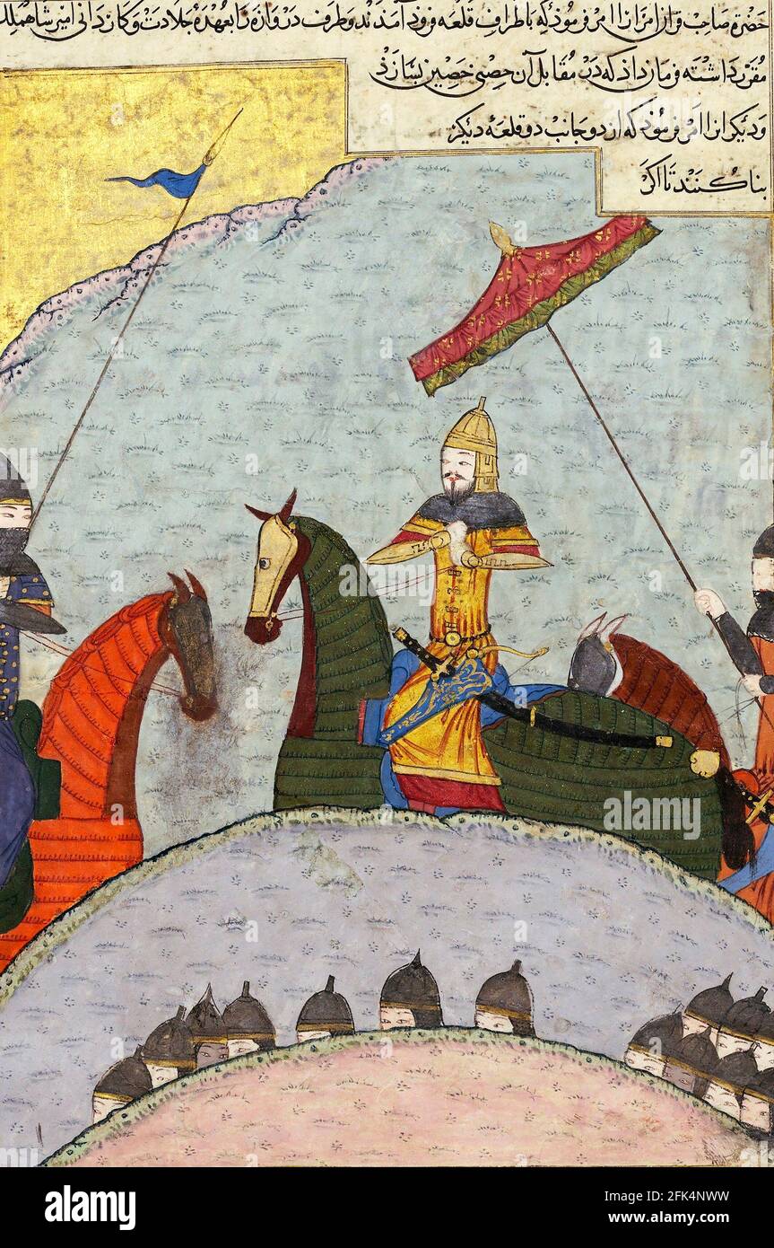 Tamerlane. Illustrazione intitolata 'Timur before Battle', che mostra il conquistatore Turco-Mongol, Timur (1336-1405), da una copia dispersa dello Zafarnama (Libro delle vittorie) di Sharaf al-din 'Ali Yazdi, 1436 Foto Stock