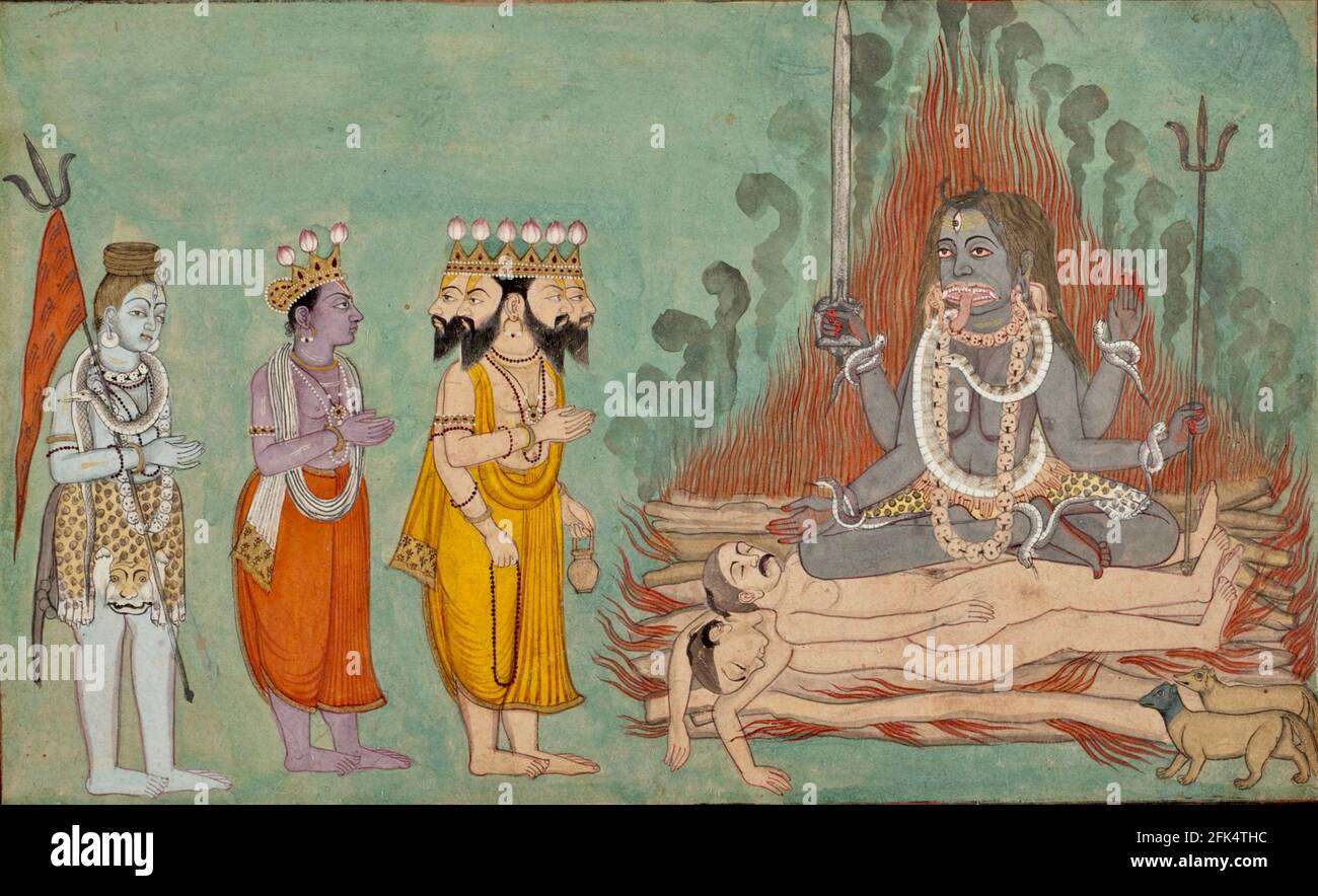 Shiva, Vishnu e Brahma adorano Kali dal 1740 Foto Stock