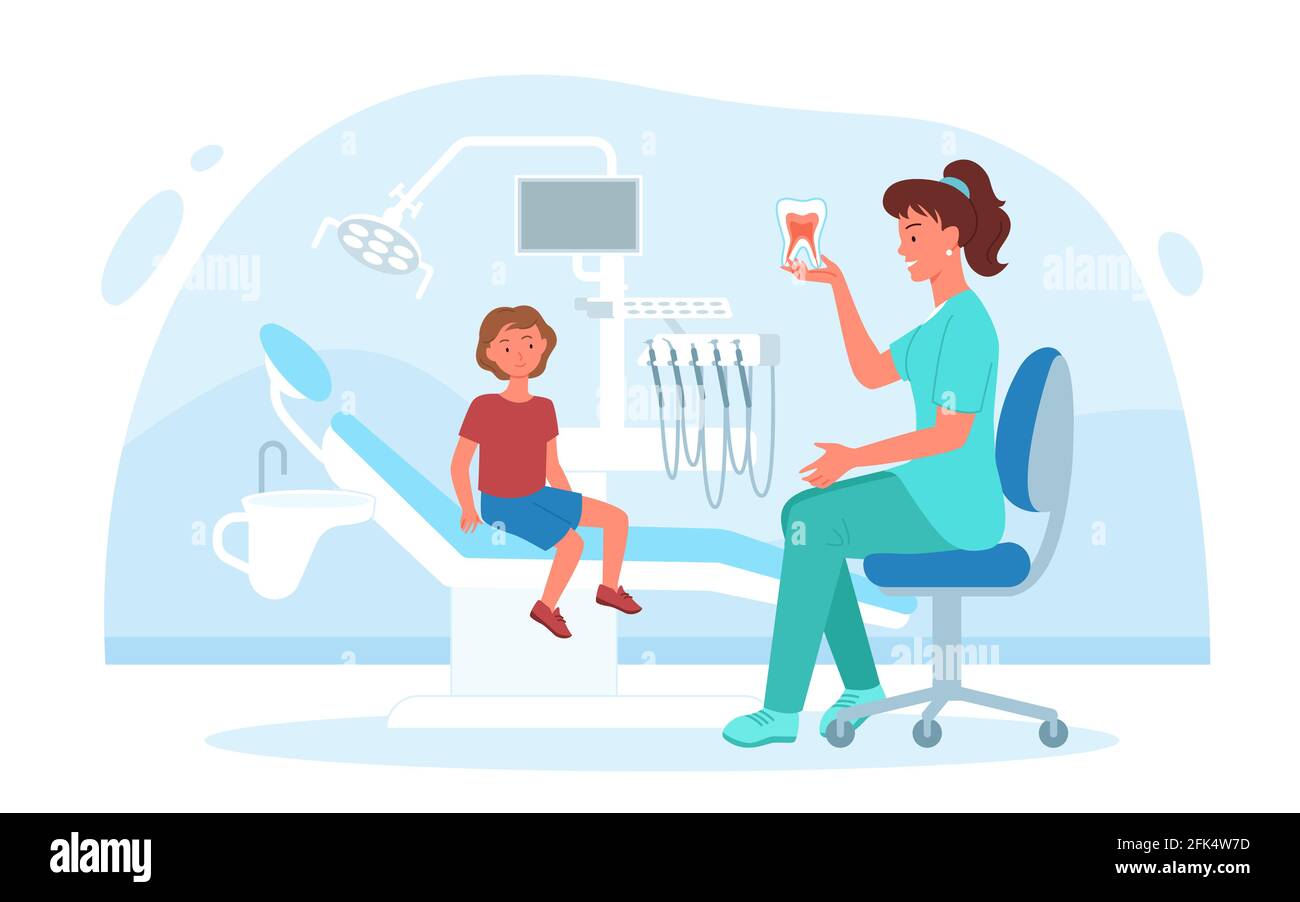 Il bambino visita la clinica odontoiatrica pediatrica per il controllo della salute dei denti e delle gengive, medico odontoiatrico Illustrazione Vettoriale