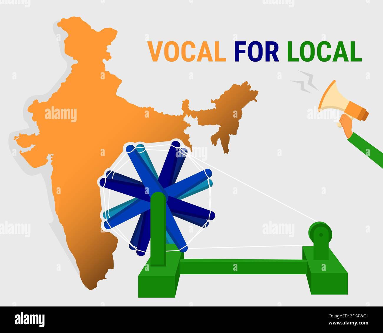 Voce per lo slogan locale dato dal primo ministro indiano per potenziare l'economia indiana. Illustrazione vettoriale Made in India Concept. Illustrazione Vettoriale