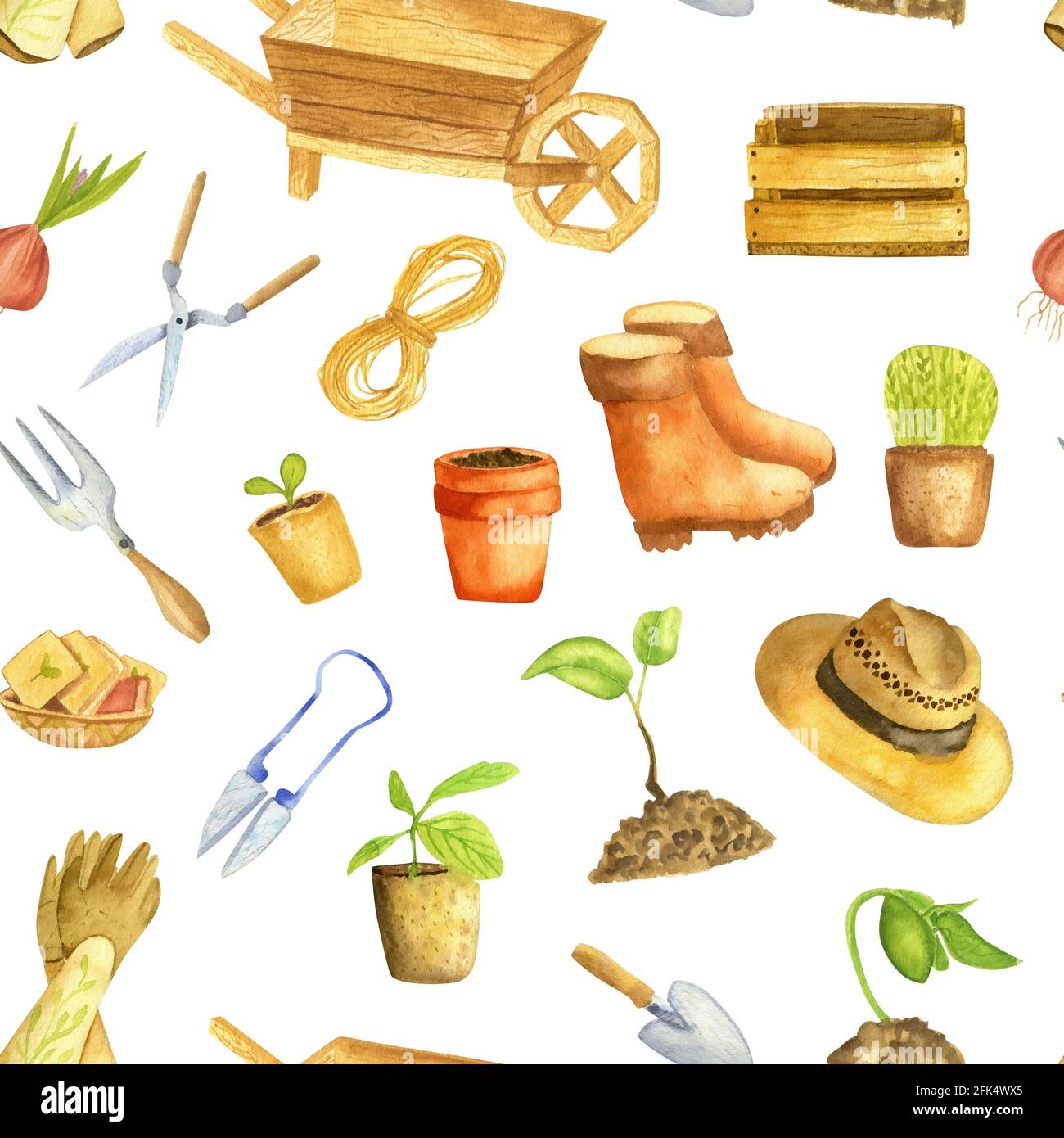 Disegno acquerello senza giunture sul tema del giardinaggio. Giardino e  orto, attrezzi da giardino Foto stock - Alamy